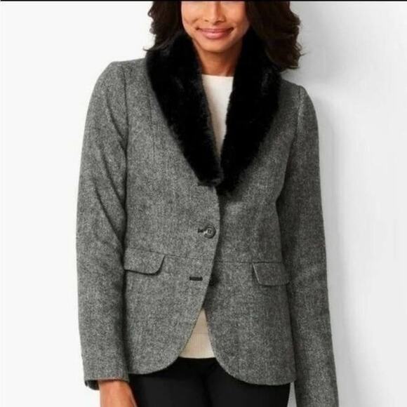 Talbots Women's 16 Gray Herringbone Aberdeen Shetland Blazer Faux Fur Collar - Picture 1 of 12